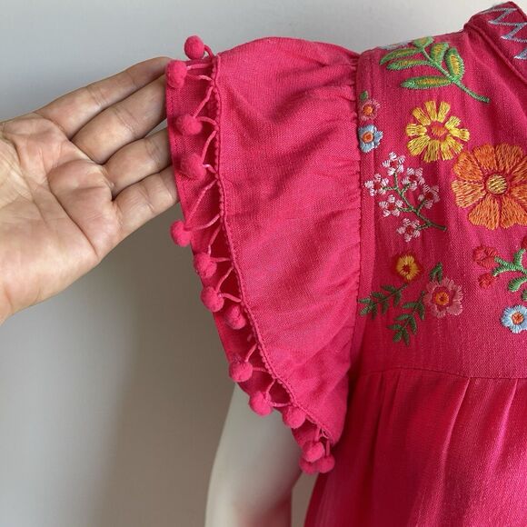 Umgee Floral Embroidered Boho Linen Blend A-line Dress Pom Pom Trim Pink - Small - Picture 5 of 12